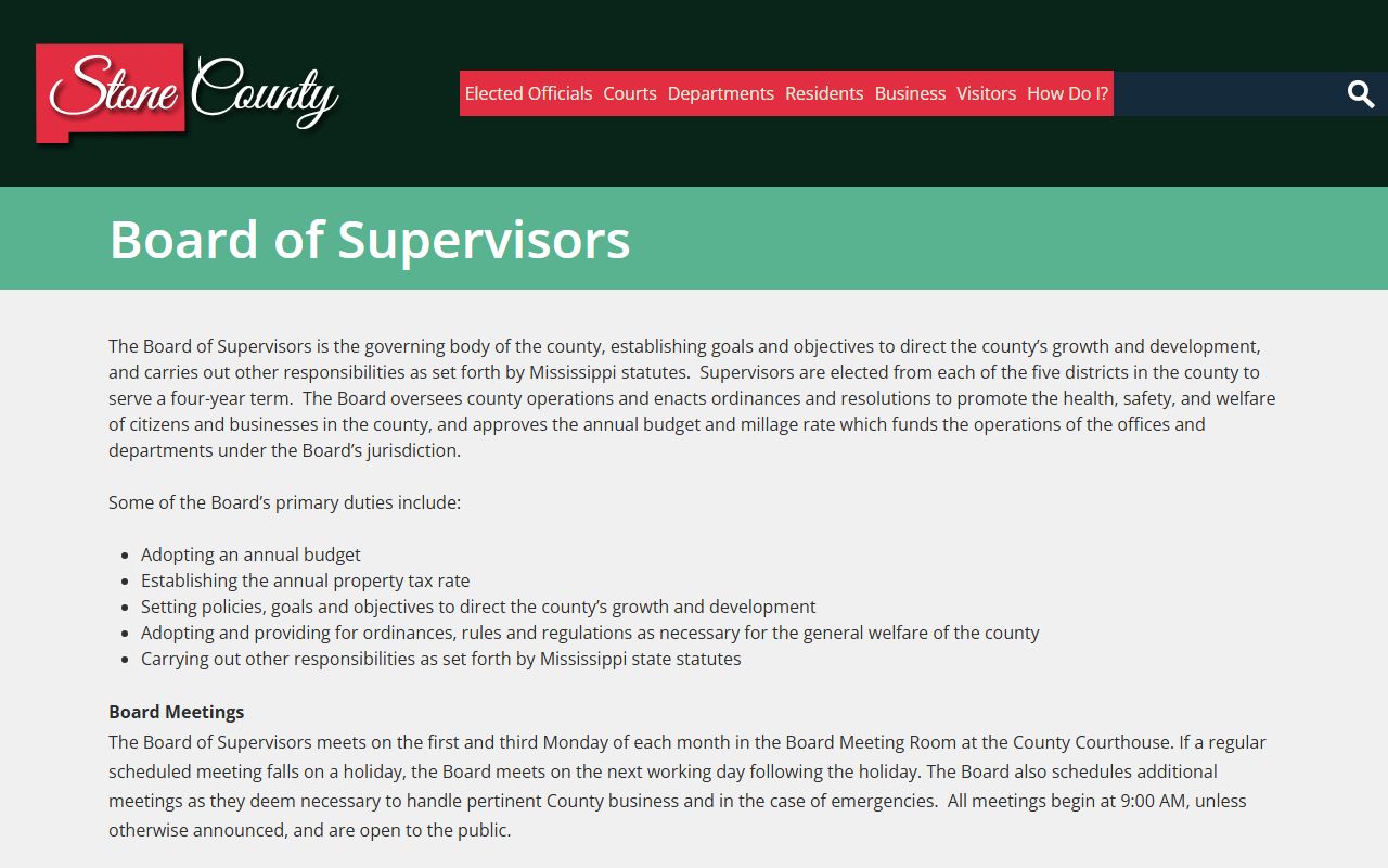 Stone County Board of Supervisors page handled by the chancery clerk as clerk of the board