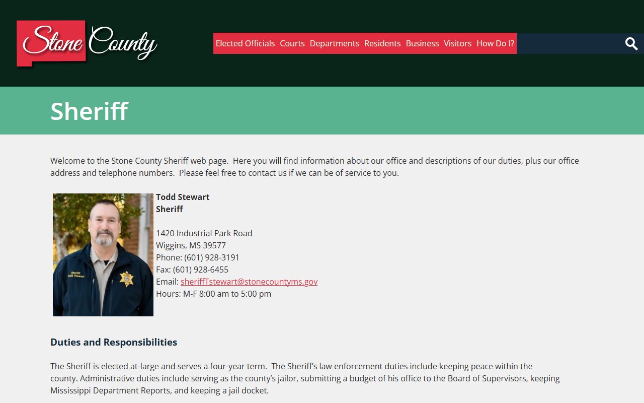 Stone County Sheriff page used for arrest records and court charge lookups