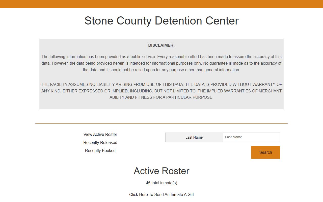 Stone County jail roster showing arrest and charge records by booking