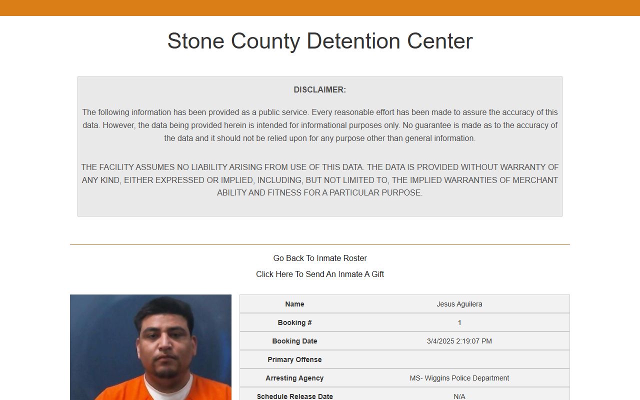 Sample Stone County inmate profile showing arrest charge type and bond records