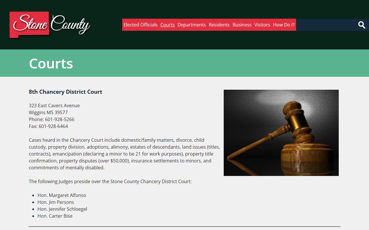 Stone County courts page listing Circuit, Chancery, and Justice Court records