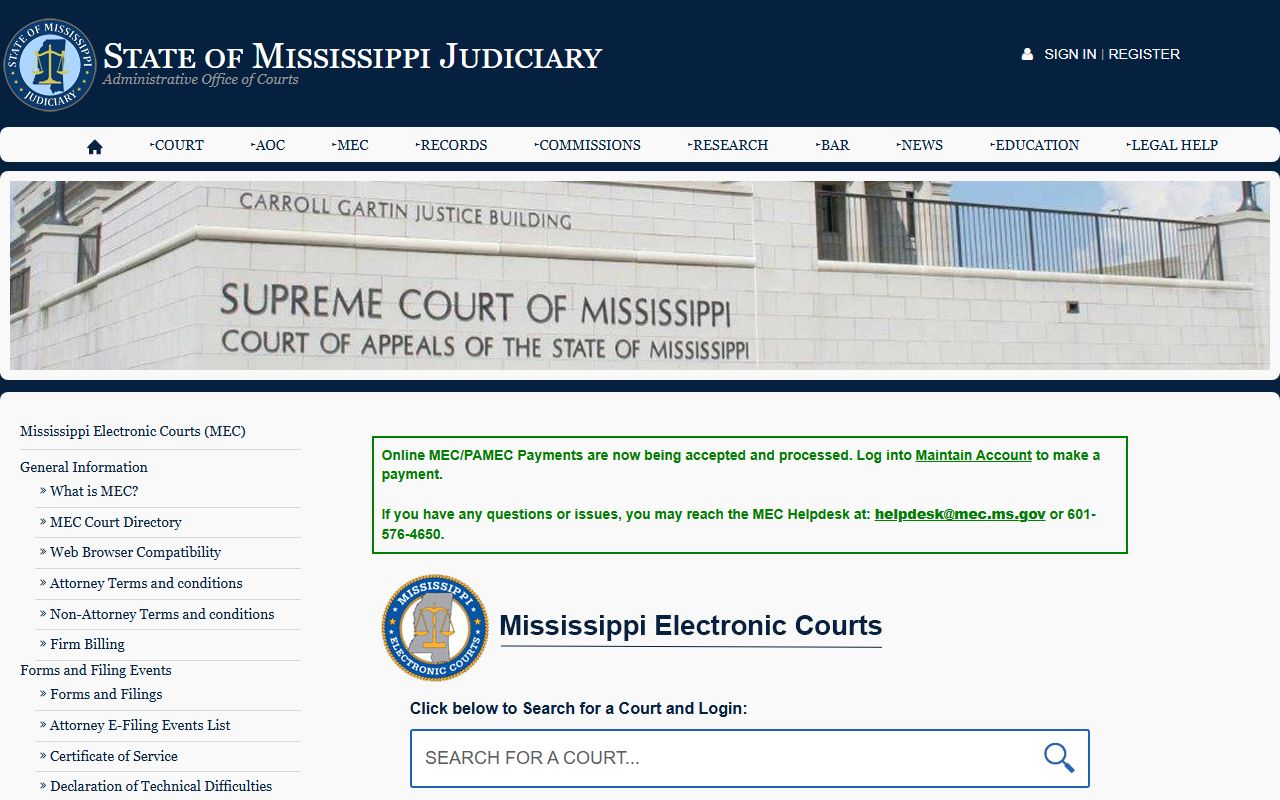 Mississippi Electronic Courts page used to search Stone County court records