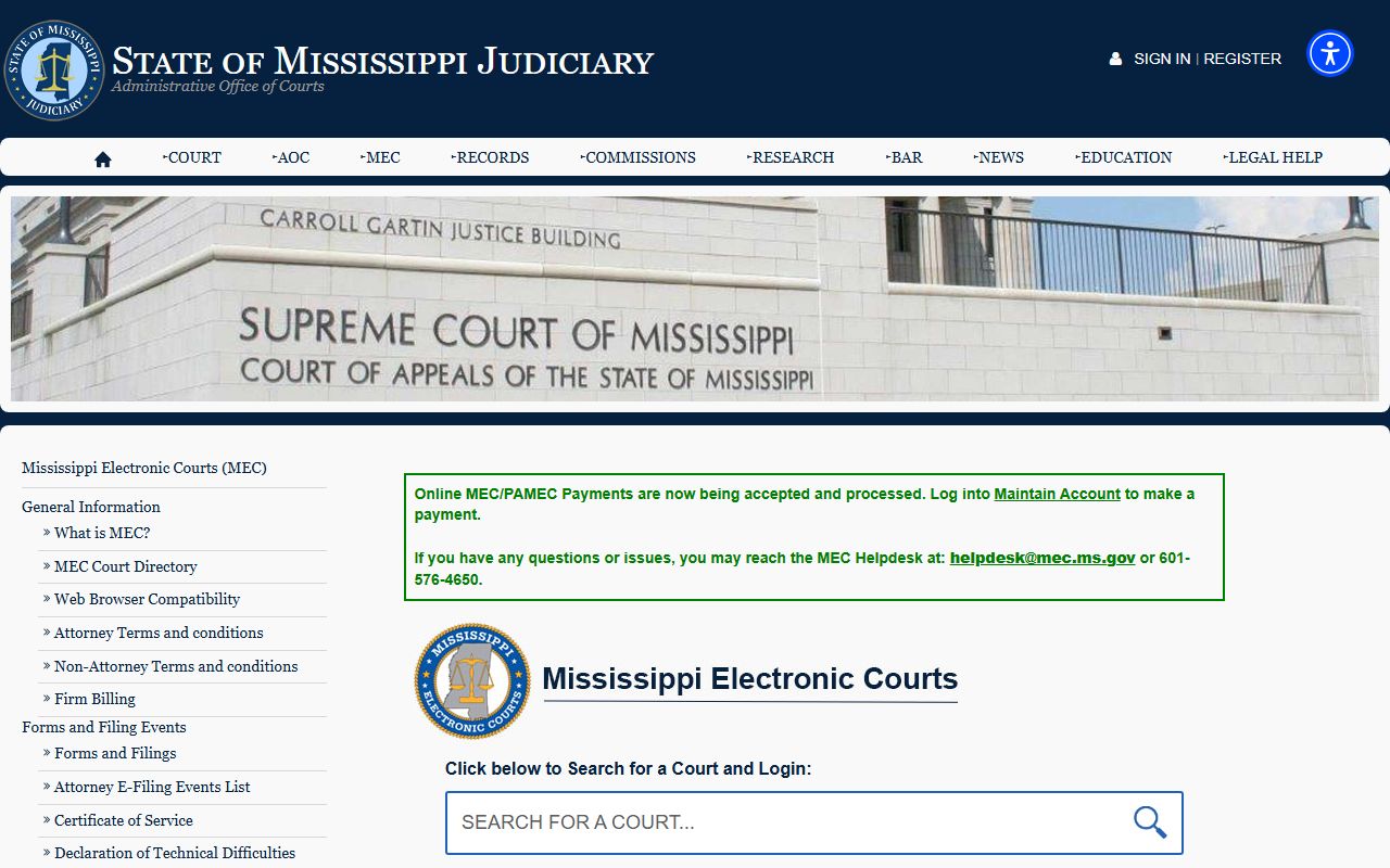 Mississippi Electronic Courts portal for Stone County court case records