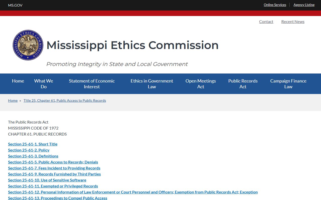Mississippi Public Records Act that opens Stone County court records