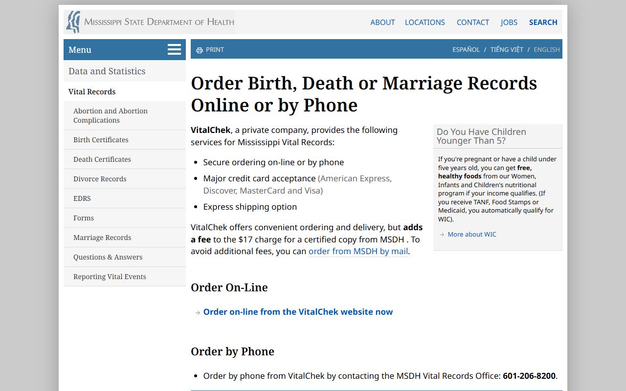Mississippi vital records online and phone ordering page for Stone County marriage certificates