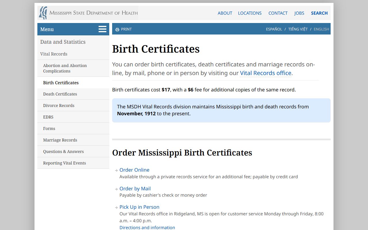 MSDH Mississippi vital records ordering page for Stone County marriage and divorce records