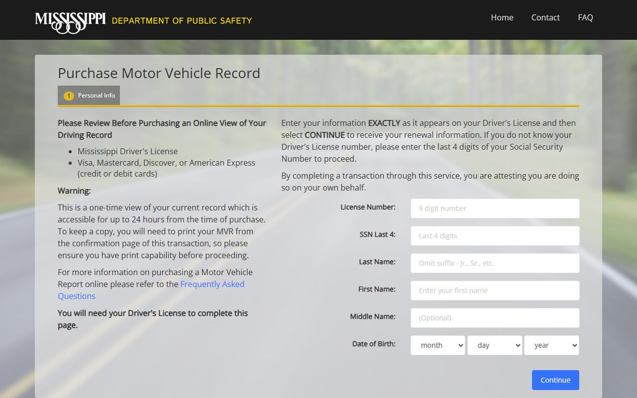 Stone County drivers use the Mississippi DPS motor vehicle record portal for driving records