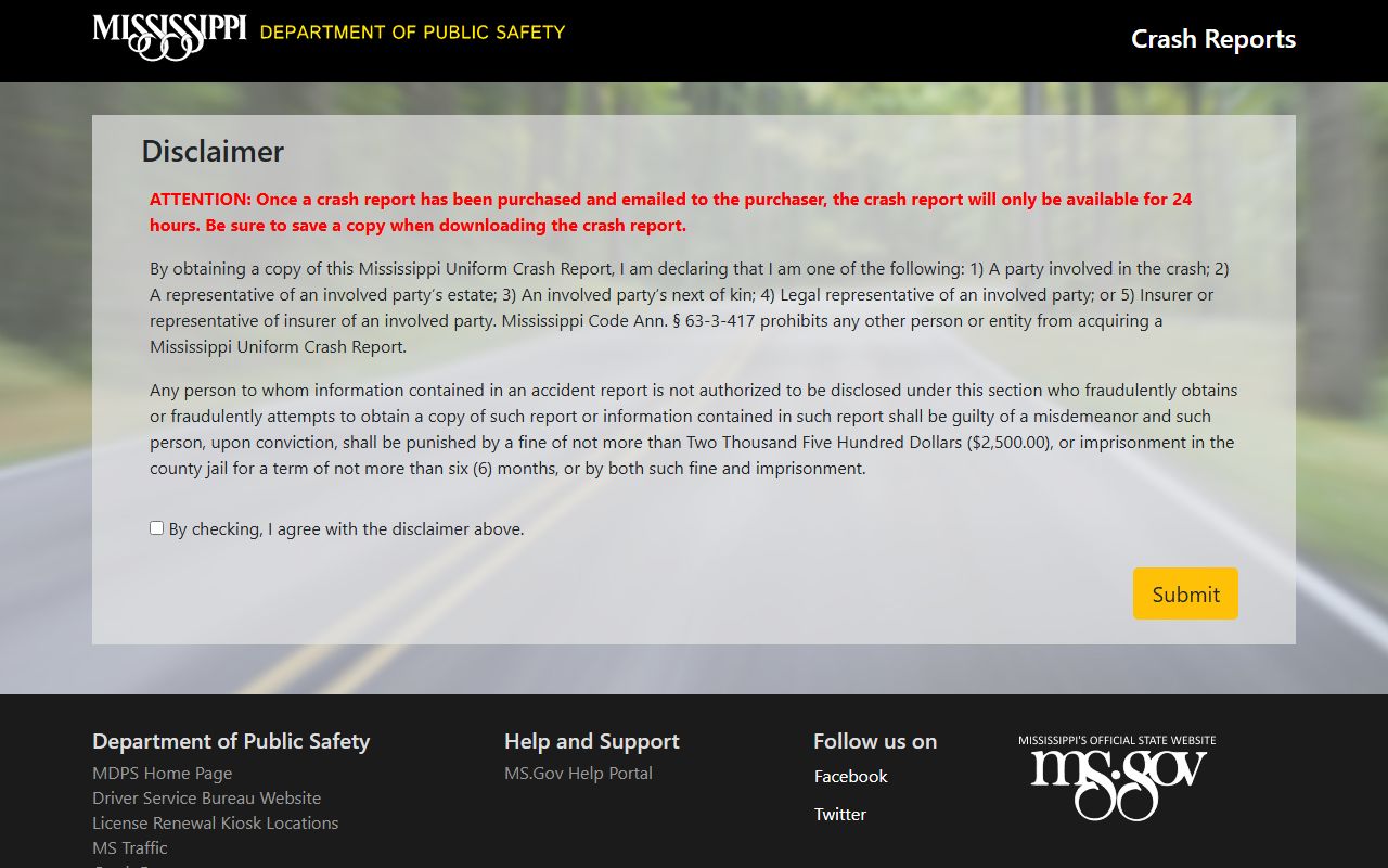 Stone County crash report portal for ordering Mississippi traffic crash reports online